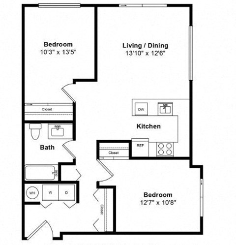 Floor plan for 2 beds, 1 bath, 829 sqft